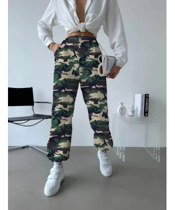 Unisex Ceplı Paraşut Kamuflaj Pantolon - Askeri