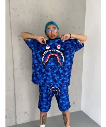 Unisex Dijital Baskılı Şortlu Takım - Mavi
