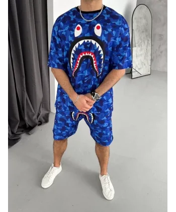 Unisex Dijital Baskılı Şortlu Takım - Mavi