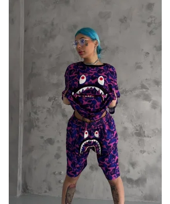 Unisex Dijital Baskılı Şortlu Takım - Mor