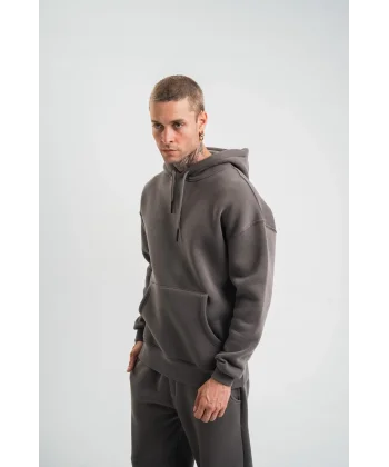 Unisex Double Oversize Kapşonlu Basic SweatShirt - Füme