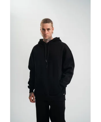 Unisex Double Oversize Kapşonlu Basic SweatShirt - Siyah