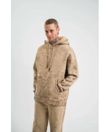 Unisex Double Oversize Kapşonlu Yıkamalı SweatShirt - Bej