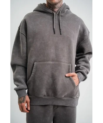 Unisex Double Oversize Kapşonlu Yıkamalı SweatShirt - Füme