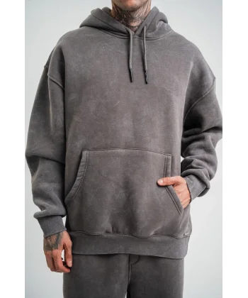 Unisex Double Oversize Kapşonlu Yıkamalı SweatShirt - Füme