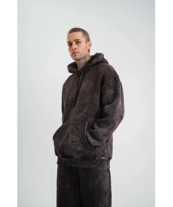 Unisex Double Oversize Kapşonlu Yıkamalı SweatShirt - Kahve