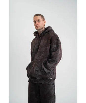 Unisex Double Oversize Kapşonlu Yıkamalı SweatShirt - Kahve