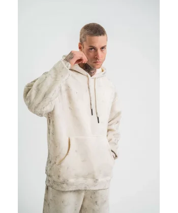 Unisex Double Oversize Kapşonlu Yıkamalı SweatShirt - Krem