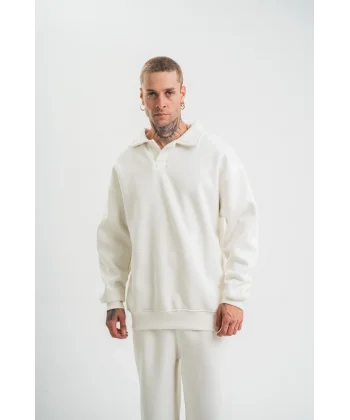 Unisex Double Oversize Patlı Yaka SweatShirt - Beyaz