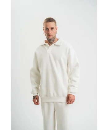 Unisex Double Oversize Patlı Yaka SweatShirt - Beyaz