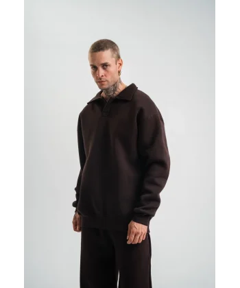 Unisex Double Oversize Patlı Yaka SweatShirt - Kahve