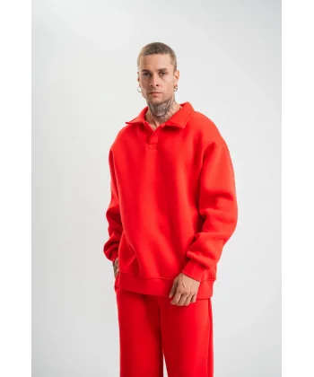 Unisex Double Oversize Patlı Yaka SweatShirt - Kırmızı