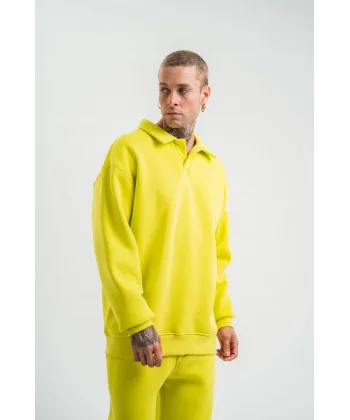 Unisex Double Oversize Patlı Yaka SweatShirt - Sarı