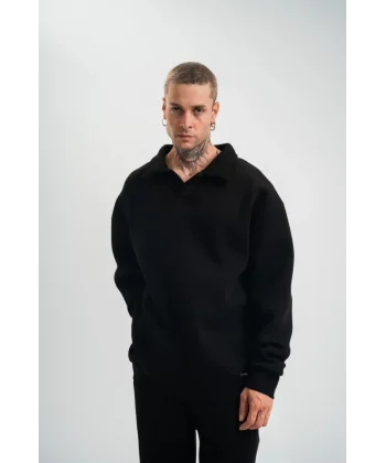 Unisex Double Oversize Patlı Yaka SweatShirt - Siyah