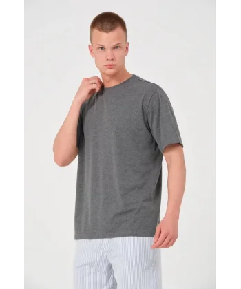 Unisex Düz Biskilet Yaka Oversize T-shirt - Füme