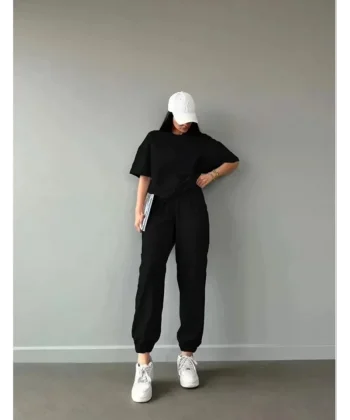 Unisex Düz Thirt Ve Eşofman Takımı  iyah