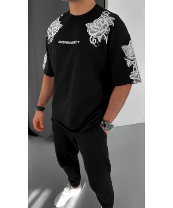 Unisex Flok Kabartma Baskılı T-Shirt - Siyah