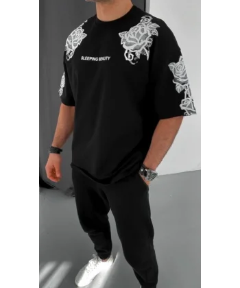 Unisex Flok Kabartma Baskılı T-Shirt - Siyah