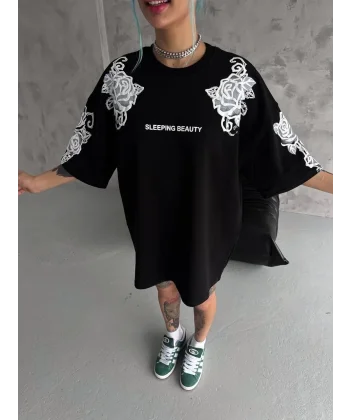 Unisex Flok Kabartma Baskılı T-Shirt - Siyah