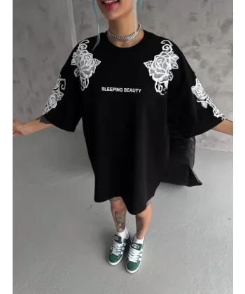 Unisex Flok Kabartma Baskılı T-Shirt - Siyah