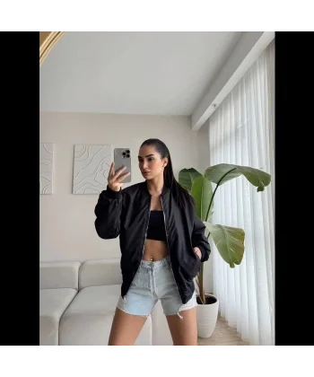 Unisex İçi Astarlı Düz Bomber Ceket - Siyah