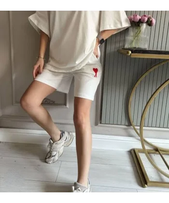 Unisex İki İplik Baskılı Cepli Oversize Şort - Beyaz