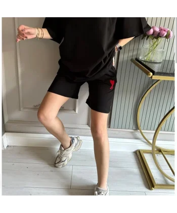 Unisex İki İplik Baskılı Cepli Oversize Şort - Siyah