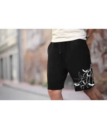 Unisex İki İplik Baskılı Oversize Şort - Siyah