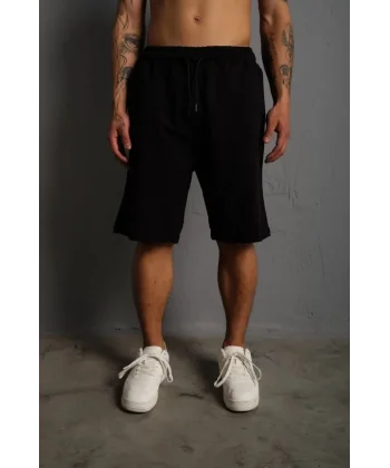 Unisex İki İplik Düz Oversize Şort - Siyah
