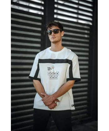 Unisex İki Yandan Fermuarlı Parçalı Baskılı Oversize T-shirt - Beyaz