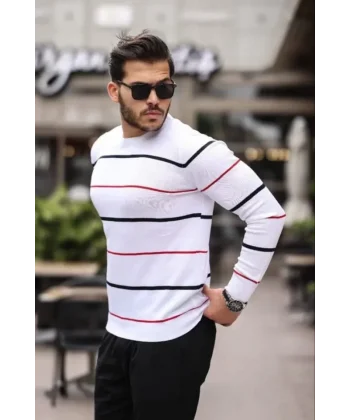 Unisex İnce Çizgili Bisiklet Yaka Triko Kazak - Beyaz