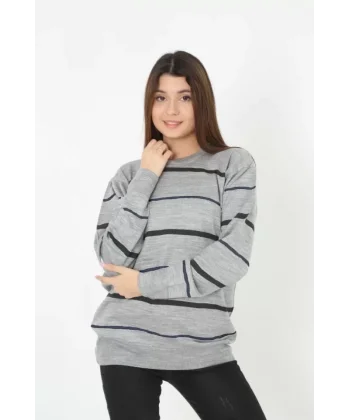 Unisex İnce Çizgili Bisiklet Yaka Triko Kazak  Gri