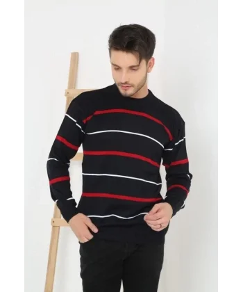 Unisex İnce Çizgili Bisiklet Yaka Triko Kazak - Lacivert