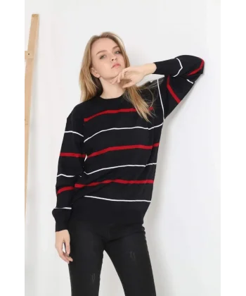 Unisex İnce Çizgili Bisiklet Yaka Triko Kazak - Siyah