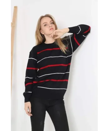 Unisex İnce Çizgili Bisiklet Yaka Triko Kazak - Siyah