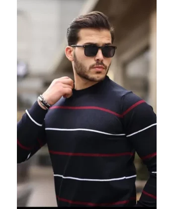 Unisex İnce Çizgili Bisiklet Yaka Triko Kazak - Siyah