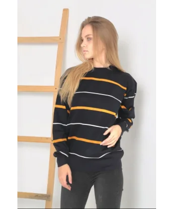 Unisex İnce Çizgili Bisiklet Yaka Triko Kazak - Siyah