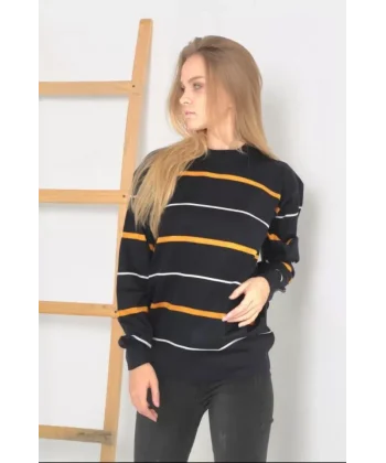 Unisex İnce Çizgili Bisiklet Yaka Triko Kazak - Siyah