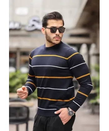 Unisex İnce Çizgili Bisiklet Yaka Triko Kazak - Siyah