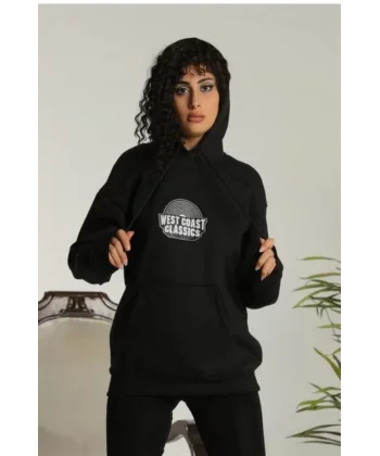 Unisex ırt Baskılı Kapüşonlu Üç İplik Oversize weatshirt  iyah
