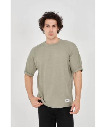 Unisex Jakar Kumaş Rahat Kol T-Shirt - Açık Yeşil