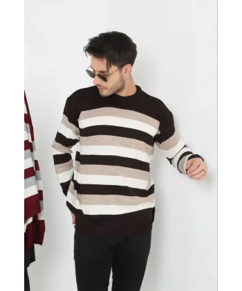 Unisex Kalın Çizgili Bisiklet Yaka Triko Kazak - Bej