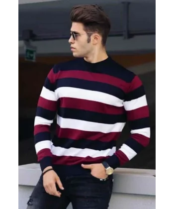 Unisex Kalın Çizgili Bisiklet Yaka Triko Kazak - Bordo