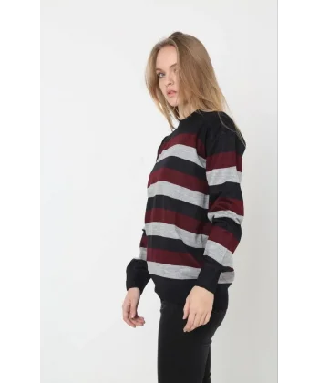 Unisex Kalın Çizgili Bisiklet Yaka Triko Kazak - Bordo