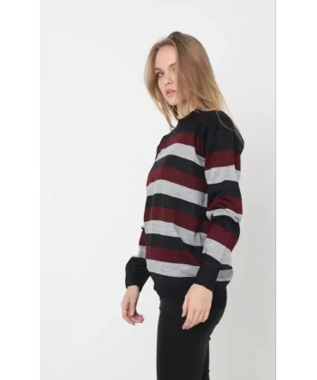 Unisex Kalın Çizgili Bisiklet Yaka Triko Kazak - Bordo