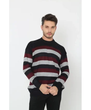 Unisex Kalın Çizgili Bisiklet Yaka Triko Kazak - Gri