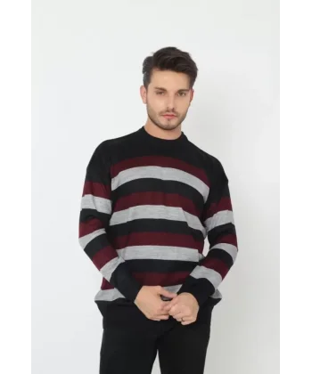 Unisex Kalın Çizgili Bisiklet Yaka Triko Kazak - Gri