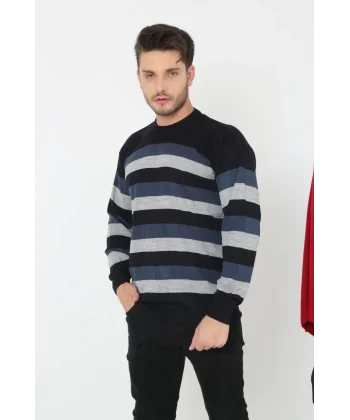 Unisex Kalın Çizgili Bisiklet Yaka Triko Kazak - Indigo