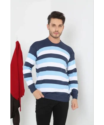 Unisex Kalın Çizgili Bisiklet Yaka Triko Kazak - Mavi