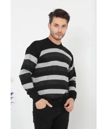 Unisex Kalın Çizgili Bisiklet Yaka Triko Kazak - Siyah